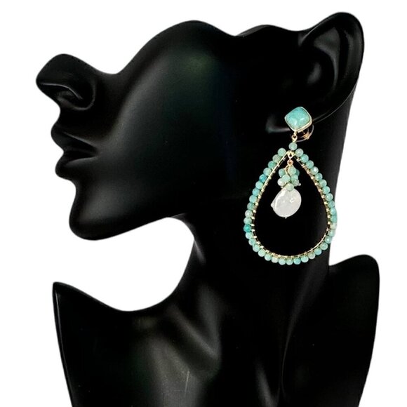 NEW Statement Chandelier Earrings Beaded Natural Amazonite Fresh Water Pearl 18K - Picture 10 of 12